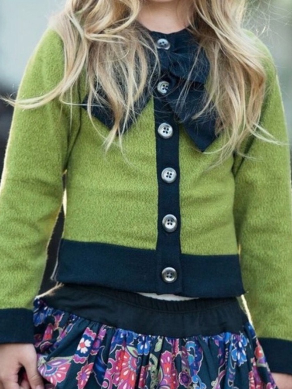 Persnickety Green Cardigan with Black Trim and Bow
